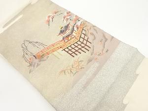 寺院に木々風景模様織出し名古屋帯